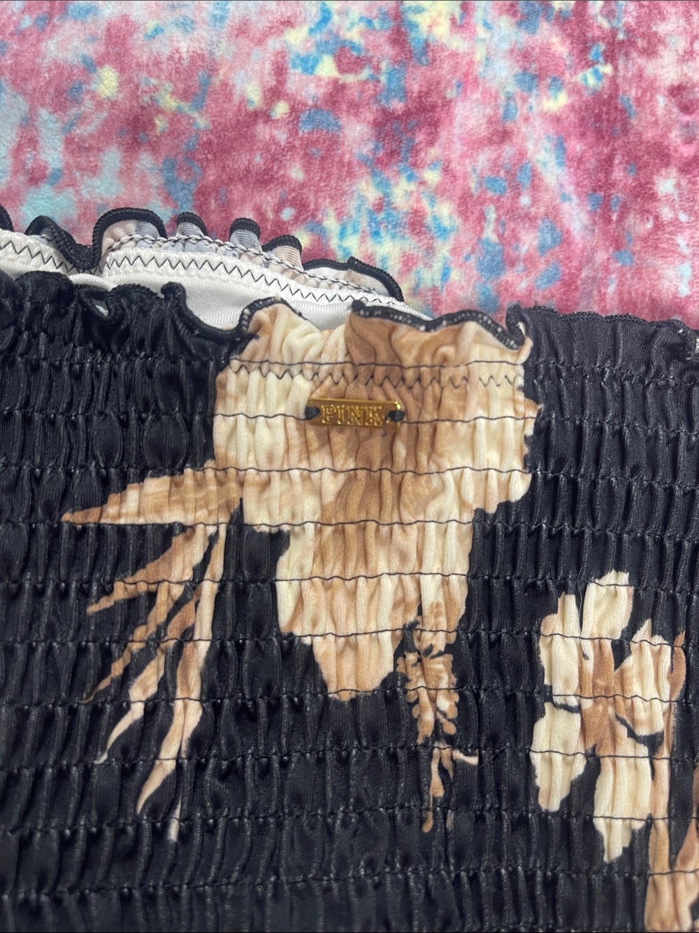 👙Victoria's Secret Black and Beige Floral Smocked Bikini Top - Picture 5 of 6